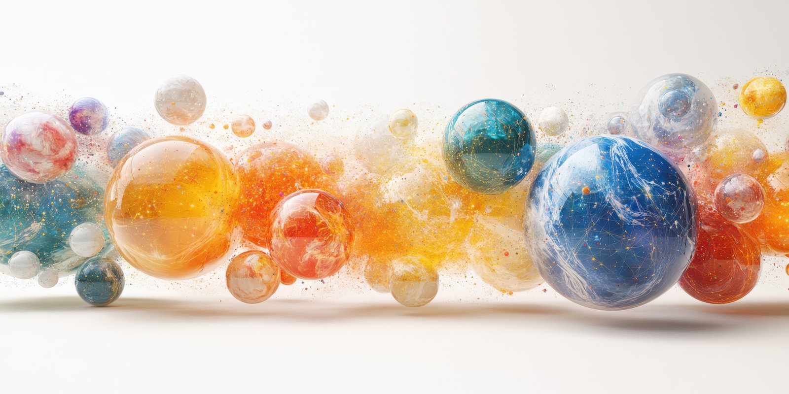 Vivid composition of colorful spheres representing planets in a cosmic explosion of colors and textures